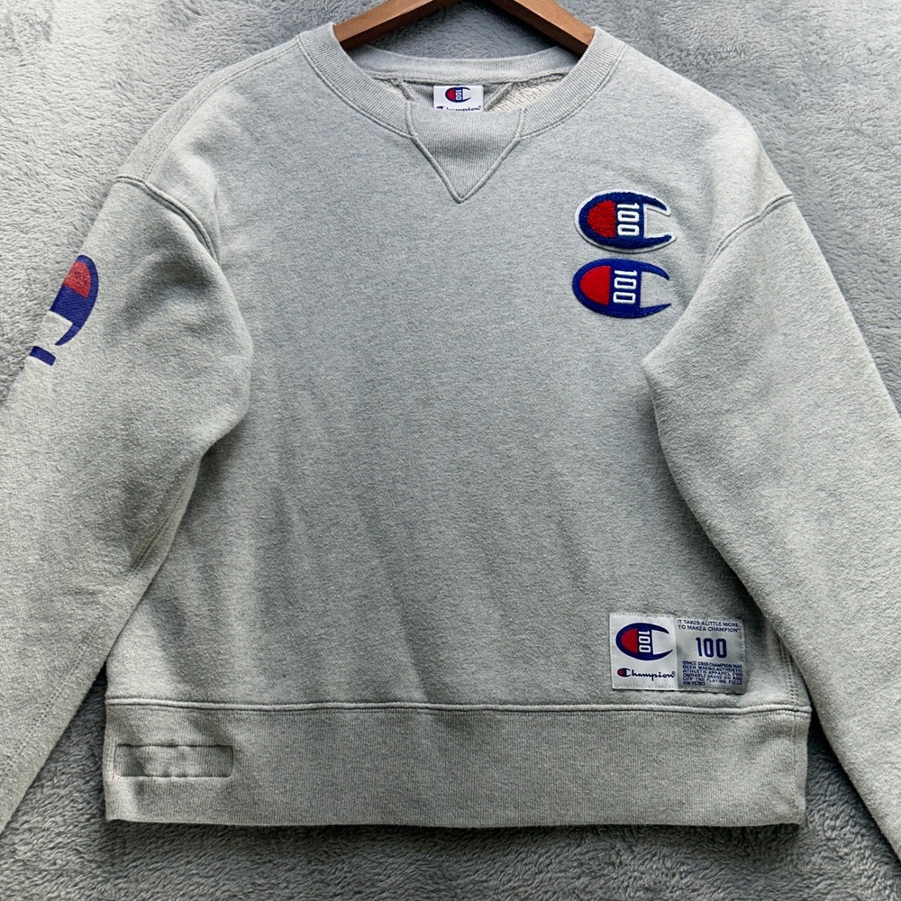 Champion 100th Anniversary Sweatshirt Women XS Small Gray Crewneck Logo Pullover